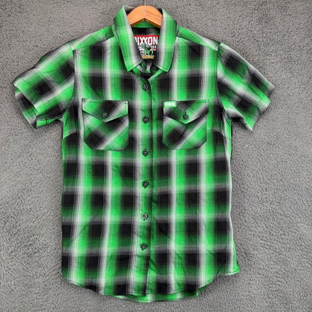 Dixxon Flannel Co OMalley Green Black Plaid Short Sleeve Kids Shirt Small S